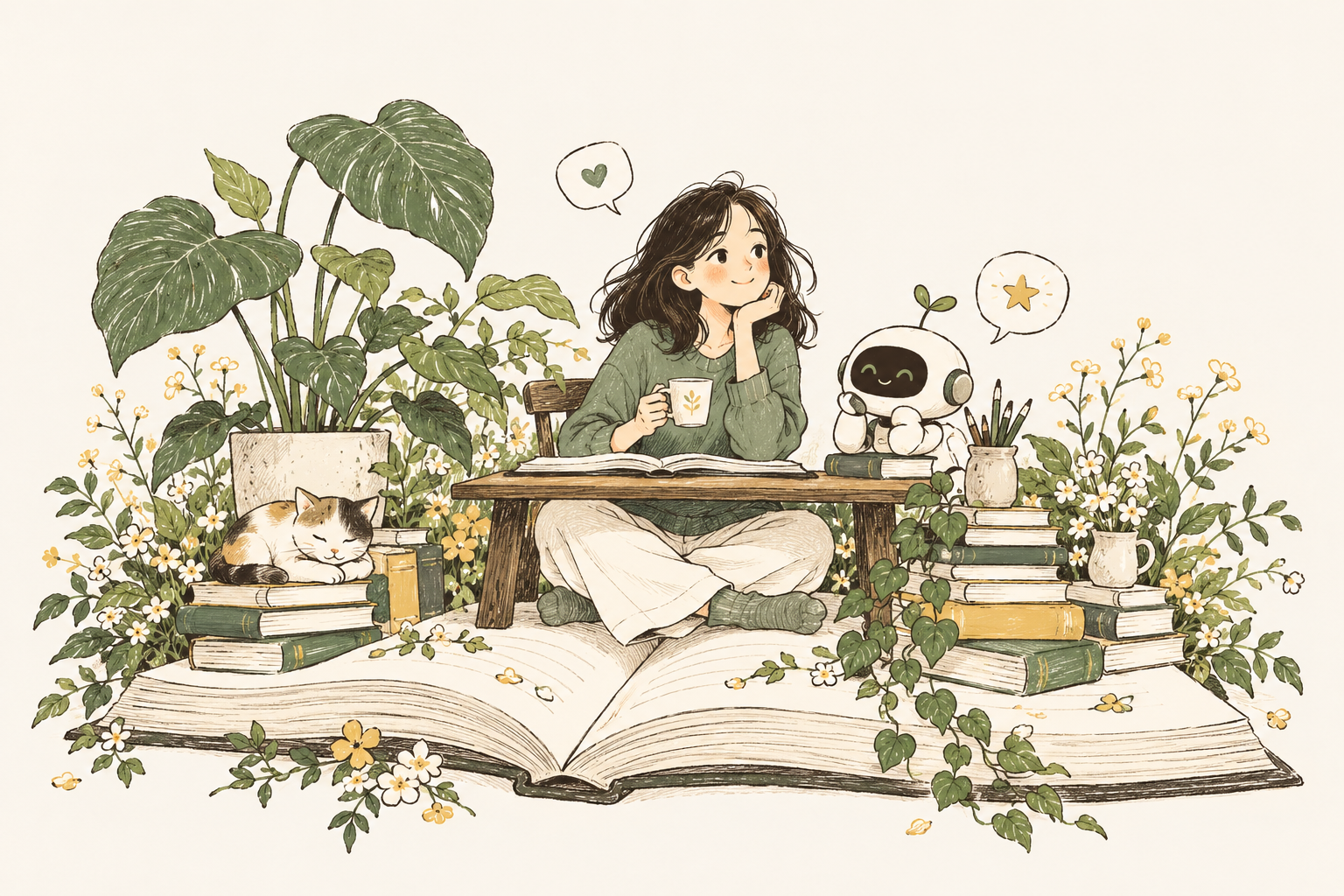 Hand-drawn imaginary garden with a woman, a friendly robot, books, tea, and a sleeping cat.